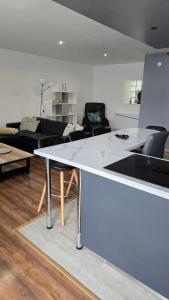 a kitchen and living room with a white counter top at La Mouette in Beauvoir