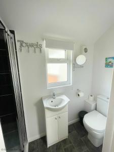 a bathroom with a sink and a toilet and a window at The Moorings in Wroxham