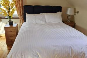Villa Daffodil - Sleeps 2 & Stunning Seaside Views في كاهيرسيفين: سرير أبيض مع اللوح الأمامي الأسود والوسائد البيضاء