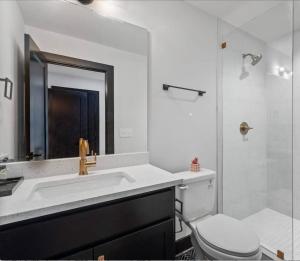a bathroom with a sink and a toilet and a mirror at 5 Star Stay! Rooftop Hot Tub Walk To Gulch in Nashville +37 photos