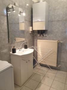 a bathroom with a sink and a mirror and a toilet at Keszi Széli Vendégház in Gyulakeszi