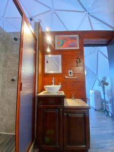 a bathroom with a sink and a mirror and a shower at El Gato Glamping con vista a prismas basálticos in Huasca de Ocampo