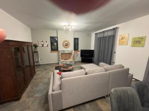 a living room with a couch and a fireplace at A little paradise in Rafina