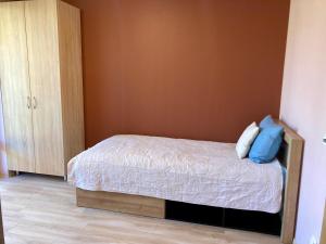a bedroom with a bed and a wooden cabinet at Sunny Lotus Apartamentai in Druskininkai +9 photos
