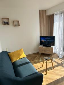 a living room with a blue couch and a tv at Agréable Studio Chantilly avec balcon et parking securisé in Pau