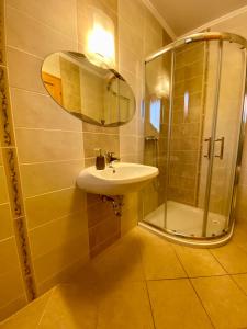 a bathroom with a sink and a shower with a mirror at Hunor Apartmanok Napsugár in Balatonlelle