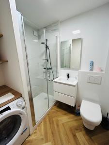a bathroom with a shower and a toilet and a sink at Agréable Studio Chantilly avec balcon et parking securisé in Pau +7 photos