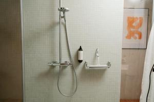 eine Dusche in einem Badezimmer mit einer Glastür in der Unterkunft Penthouse Deluxe I Dachterrasse I Parkplatz in Dresden + 24 Fotos