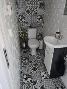 a bathroom with a toilet and a sink at Przytulny apartament 2 in Żywiec +3 photos