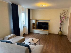 a living room with a couch and a tv at 1-Zimmer-Apartment mit Pool in Ellenz-Poltersdorf