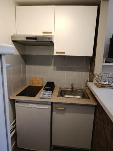 a small kitchen with a sink and a stove at T2 centre ville, 150m du lac, parking - Thermes in Évian-les-Bains +14 photos