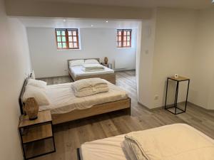 a room with two beds and two windows at Gite boutx avec Jacuzzi 12 personnes 5 LITS DOUBLES ET 1 CANAPE LIT in Boutx