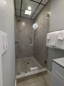 ユーレカ・スプリングスにあるUpstairs Villa at Pine Streetのガラスドア付きのシャワー付きのバスルーム