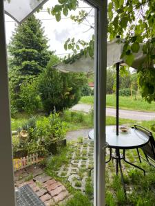 a window view of a garden with a table and an umbrella at Zoldovezet in Budaörs