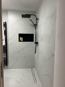 a bathroom with a shower with white marble walls at Luxe Villa Lou & Hans in Aalst +42 photos