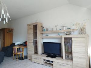 a living room with a large wooden entertainment center with a television at Thalheimer Zimmer in Thalheim