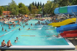a group of people in a pool at a water park at Erdőszéli Házikó Vendégház in Bükkszék