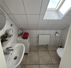 a bathroom with a sink and a toilet and a skylight at Ferienhaus Laran in Zingst