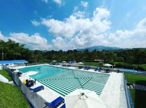 a large swimming pool with chairs and umbrellas at Hotel Villa Mónaco in Pereira