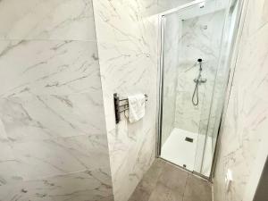łazienka z prysznicem i szklanymi drzwiami w obiekcie Aluche Aparment B w Madrycie