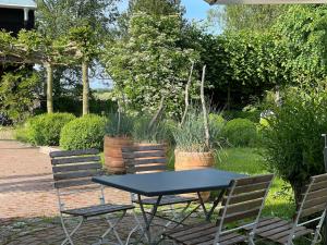 einen Tisch und Stühle in einem Garten mit Pflanzen in der Unterkunft Idyllischer Hof mit 5 Wohnungen nahe des Saaler Boddens in Saal