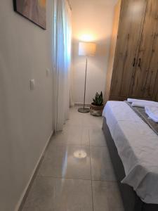 a bedroom with a bed and a floor lamp at Araucaria studio Manis in Mesochórion