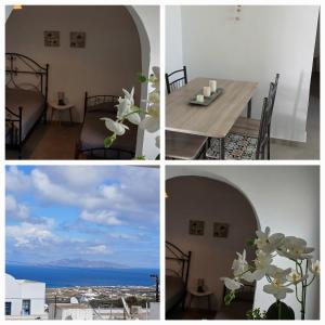 フィラにあるSPILIOTICA HOSPITALITY Central Apartments Firaのテーブルと景色のある部屋の4枚の写真のコラージュ