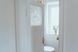 a bathroom with a white toilet and a window at Villa Romantika in Ichenhausen +61 photos