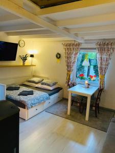 Un dormitorio con una cama y una mesa y una ventana. en Noclegi u Justyny, en Łagów