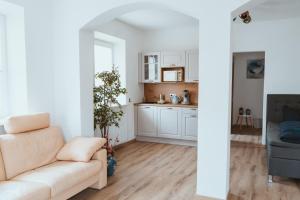 a living room with a couch and a kitchen at Villa Romantika in Ichenhausen