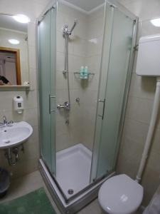 ein Badezimmer mit Dusche, Toilette und Waschbecken in der Unterkunft N i N in Međugorje
