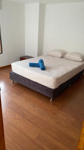a bed with a blue object on it in a room at Pie de Cerro Condominium in Medellín