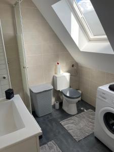 a bathroom with a toilet and a washing machine at Le Cocoon Drouais in Dreux +29 photos