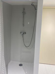 a shower in a white bathroom with a shower at Chambre privée en centre-ville in Trèbes
