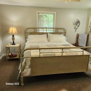 a bed with a metal frame in a bedroom at The Manor at Becks Lake in Rockmart