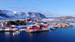 an island in the water with red houses and a mountain at Lydersen Rorbuer Budget Hostel & Private Apartments in Fredvang