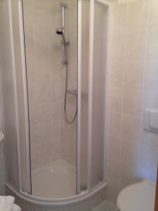 a shower in a bathroom with a toilet at Landgasthaus am Dolgensee in Reichenwalde