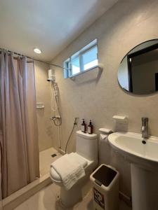 a bathroom with a toilet and a sink and a mirror at Gabi Villa in San Juan