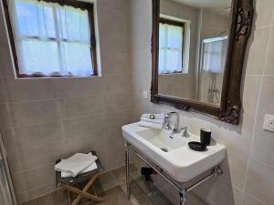 un bagno bianco con lavandino e specchio di Charmant gîte champêtre avec bain nordique et terrasse privative - FR-1-491-441 a Fresnes Altre 16 foto