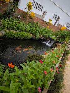 a koi pond in a garden with flowers at Dok Champa Resort in Vang Vieng +44 photos