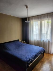 a bedroom with a blue bed and a window at Апартамент 8 in Varna City +12 photos