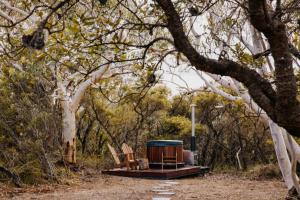 a wood fired grill with chairs on a dirt road at Tiny Wombat in Dural