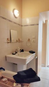 a bathroom with a white sink and a mirror at Ostal Arriatge in Lézat-sur-Lèze
