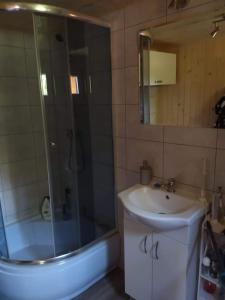 a bathroom with a shower and a sink and a tub at Domek letniskowy in Jabłonka