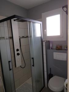 a bathroom with a shower with a toilet and a window at Résidence T2 , Jardin 100m plage Parking gratuit in Valras-Plage +11 photos