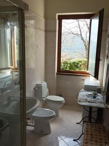 a bathroom with a toilet and a sink and a window at Casa tra i Laghi in Ponna Superiore