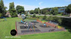 an aerial view of a playground in a park at Stylish 2BR Flat near Airport & Stadium, Sleeps 6 in Luton