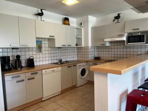a kitchen with white cabinets and a washing machine at PALMERAIE 220 in Sari Solenzara