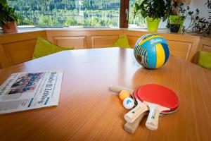 een tafel met een volleybal en een bal erop bij Jugendherberge Schluchsee-Wolfsgrund in Schluchsee