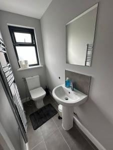 a bathroom with a sink and a toilet and a mirror at Brand New Studio Flat 36 in Dublin